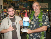 David and Alex with Travelocity gnome.